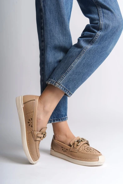 Layla Bağcıksız Ortopedik Rahat Taban Çiçek Desenli Kadın Babet Ayakkabı Kt - Ten - 2