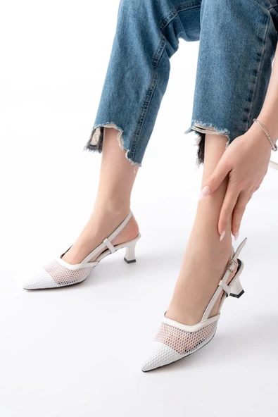 K-607 Beyaz Günlük Fileli Arkası Açık 7 cm Topuklu Bayan Ayakkabı - 2