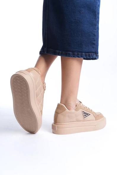 Prag Bağcıklı Ortopedik Taban Desenli Kadın Sneaker Spor Ayakkabı Tt - Ten - 3