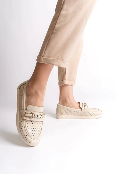 Lıly Bağcıksız Ortopedik Rahat Taban Kalp Desenli Kadın Babet Ayakkabı Kt - Krem - 2