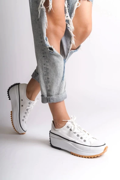 Parıs Bağcıklı Ortopedik Taban Kadın Sneaker Spor Ayakkabı Bt - Beyaz