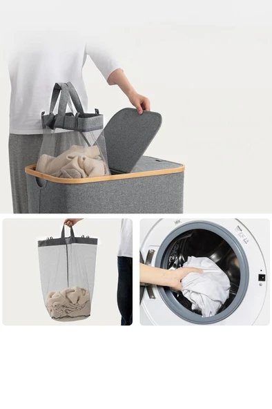 Mien Bambu Kenarlı Kumaş Katlanabilir 100 Lt Çamaşır Sepeti 54x33x58 - 6