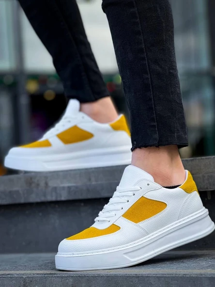 Tb-x8 Terzi Bey Beyaz Cilt Sarı Süet Detaylı Beyaz Yüksek Taban Günlük Spor Ayakkabı - 4