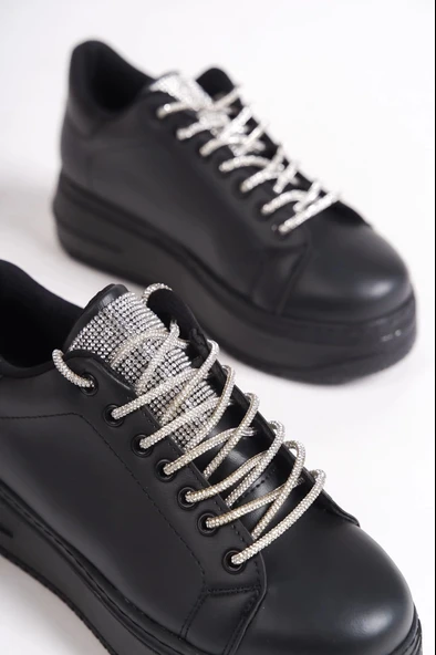 Della Bağcıklı Ortopedik Taban Taşlı Kadın Sneaker Spor Ayakkabı St - Siyah - 5