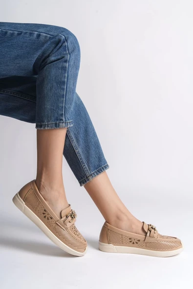 Layla Bağcıksız Ortopedik Rahat Taban Çiçek Desenli Kadın Babet Ayakkabı Kt - Ten - 3