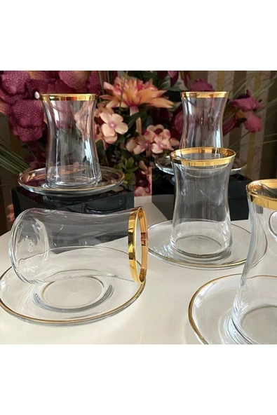 12 Parça Heybeli Gerçek Gold Yaldızlı Çay Bardağı Seti - 2