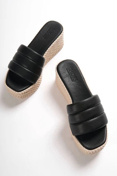 Reına Dolgu Topuklu Ortopedik Taban Hasır Görünümlü Kadın Terlik Kt - Siyah - 5