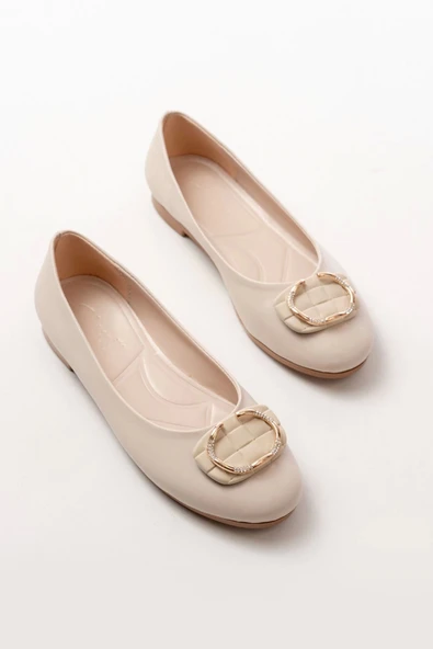 İNF-325 Bej Tokalı Aksesuarlı Günlük Kadın Babet - 3