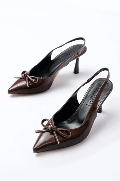 İNF-4500 Kahve Rugan Günlük Arkası Açık Fiyonklu Topuklu Bayan Ayakkabı - 3