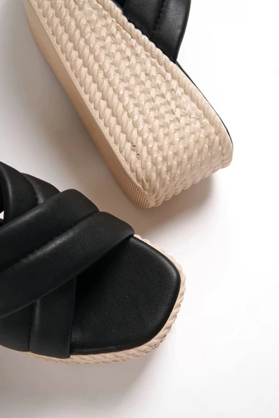 Joymıx Dolgu Topuklu Ortopedik Taban Hasır Görünümlü Kadın Terlik Kt - Siyah - 6