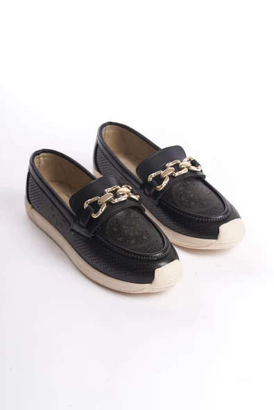 Layla Bağcıksız Ortopedik Rahat Taban Çiçek Desenli Kadın Babet Ayakkabı Kt - Siyah - 4