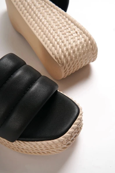 Reına Dolgu Topuklu Ortopedik Taban Hasır Görünümlü Kadın Terlik Kt - Siyah - 6