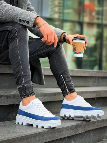 Tb-056 Terzi Bey Beyaz Mavi Detaylı Beyaz Yüksek Taban Günlük Spor Ayakkabı