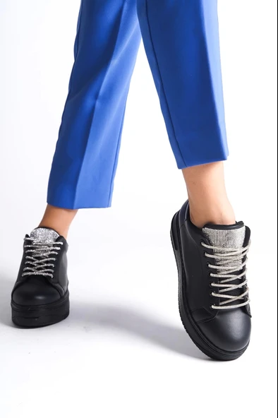 Della Bağcıklı Ortopedik Taban Taşlı Kadın Sneaker Spor Ayakkabı  St - Siyah - 3
