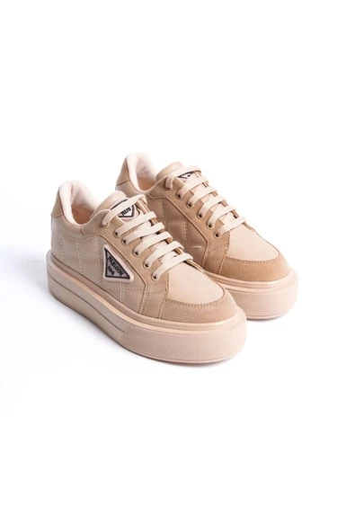 Prag Bağcıklı Ortopedik Taban Desenli Kadın Sneaker Spor Ayakkabı Tt - Ten - 4