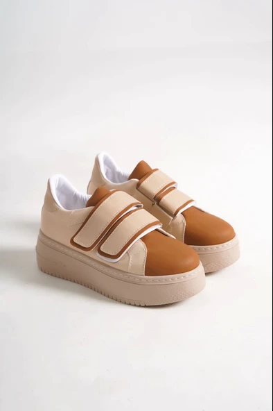 Valencıa Bağcıksız Cırt Cırtlı Ortopedik Taban Kadın Sneaker Spor Ayakkabı Tt - Ten/kahve - 4