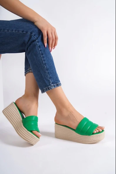 Reına Dolgu Topuklu Ortopedik Taban Hasır Görünümlü Kadın Terlik Kt - Yeşil - 2