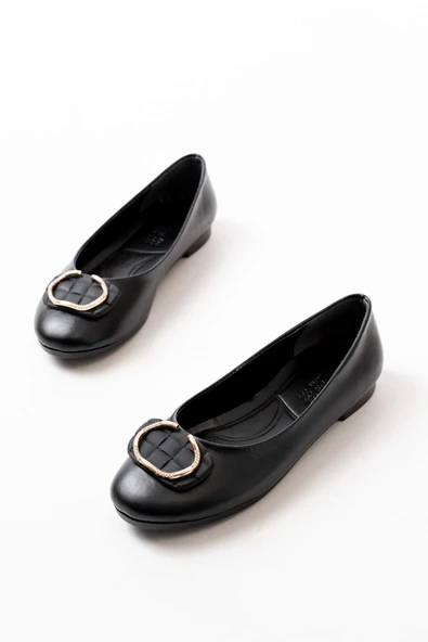 İNF-325 Siyah Tokalı Aksesuarlı Günlük Kadın Babet - 3