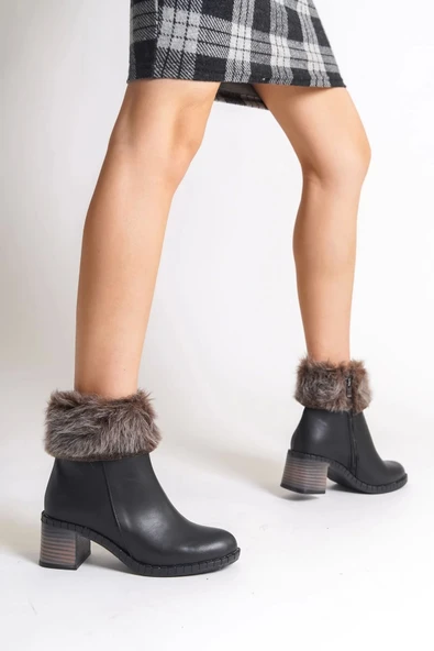 Julıa Fermuarlı Ortopedik Taban Tüylü Topuklu Kadın Bot St - Siyah - Resim 2