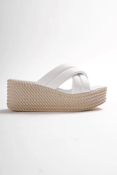 Joymıx Dolgu Topuklu Ortopedik Taban Hasır Görünümlü Kadın Terlik Kt - Beyaz - 7