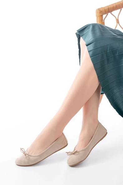 6101 Bej Süet Fiyonklu Günlük Kadın Babet - 2