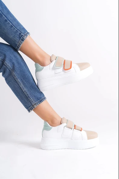 Valencıa Bağcıksız Cırt Cırtlı Ortopedik Taban Kadın Sneaker Spor Ayakkabı Bt - Beyaz/ten/mavi - 3