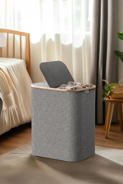 Mien Bambu Kenarlı Kumaş Katlanabilir 100 Lt Çamaşır Sepeti 54x33x58 - 3