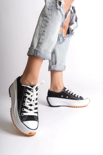Parıs Bağcıklı Ortopedik Taban Kadın Sneaker Spor Ayakkabı  Bt - Siyah