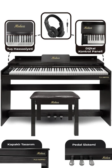 Midex PLX-140 PRO-BK Dijital Piyano Bluetooth Tuş Hassasiyeti 88 Tuşlu Kapaklı (Kulaklık ve Tabure) - 3