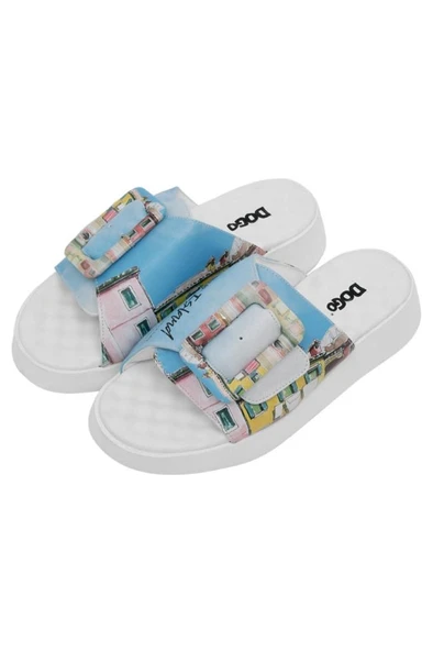 Kadın Vegan Deri Mavi Terlik - Burano Island Tasarım