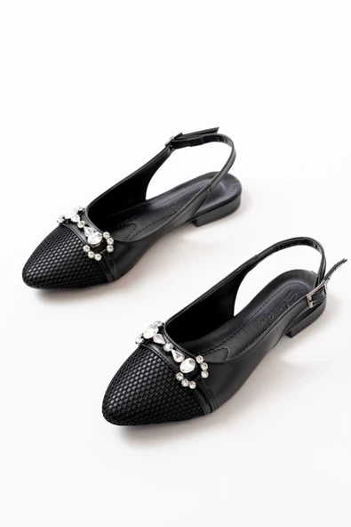 İNF-120 Siyah Günlük Fileli Taş Aksesuarlı Kadın Babet - 5