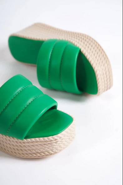 Reına Dolgu Topuklu Ortopedik Taban Hasır Görünümlü Kadın Terlik Kt - Yeşil - 5