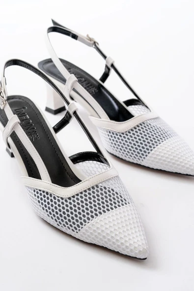 K-607 Beyaz Günlük Fileli Arkası Açık 7 cm Topuklu Bayan Ayakkabı - 4