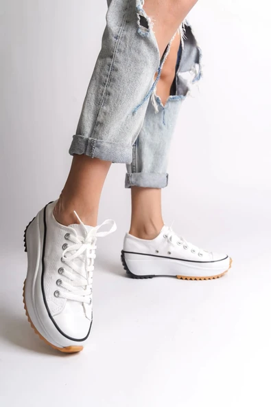 Parıs Bağcıklı Ortopedik Taban Kadın Sneaker Spor Ayakkabı  Bt - Beyaz - 2