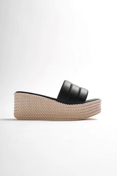 Reına Dolgu Topuklu Ortopedik Taban Hasır Görünümlü Kadın Terlik Kt - Siyah - 7