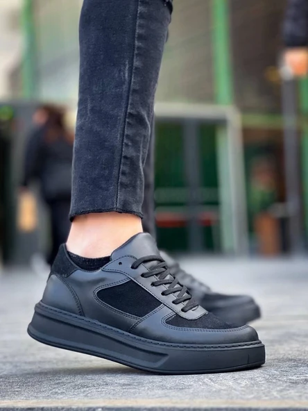 Tb-x8 Terzi Bey Siyah Cilt Siyah Süet  Detaylı Siyah Yüksek Taban Günlük Spor Ayakkabı - Resim 3