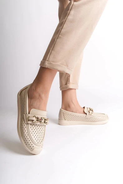 Layla Bağcıksız Ortopedik Rahat Taban Kalp Desenli Kadın Babet Ayakkabı Kt - Krem