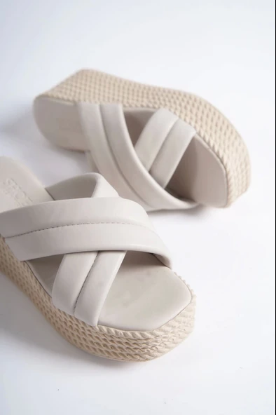 Joymıx Dolgu Topuklu Ortopedik Taban Hasır Görünümlü Kadın Terlik Kt - Krem - 5