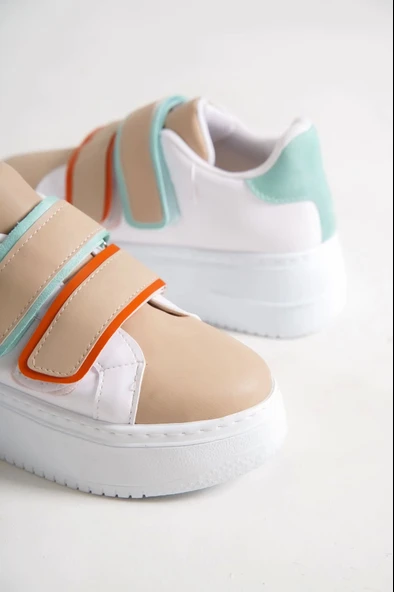 Valencıa Bağcıksız Cırt Cırtlı Ortopedik Taban Kadın Sneaker Spor Ayakkabı Bt - Beyaz/ten/mavi - 5