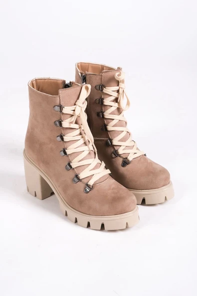 Emma Bağcıklı Fermuarlı Ortopedik Taban Topuklu Süet Kadın Bot Tt - Ten - 4