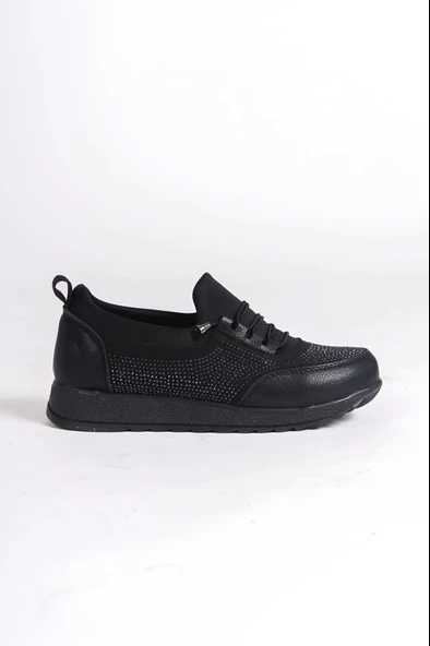 Vıolet Bağcıklı Lastikli Ortopedik Rahat Taban Taş Detaylı Klasik Kadın Babet Anne Ayakkabısı St - Siyah - 6