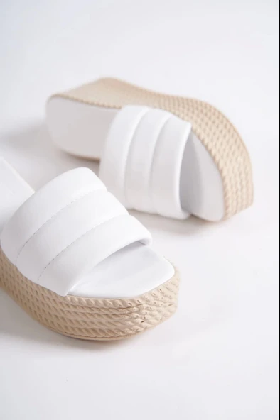 Reına Dolgu Topuklu Ortopedik Taban Hasır Görünümlü Kadın Terlik Kt - Beyaz - 7