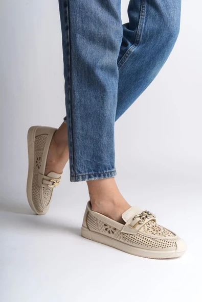 Layla Bağcıksız Ortopedik Rahat Taban Çiçek Desenli Kadın Babet Ayakkabı Kt - Krem - 2