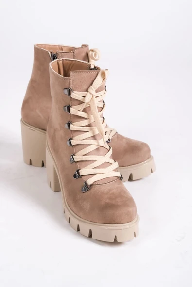 Emma Bağcıklı Fermuarlı Ortopedik Taban Topuklu Süet Kadın Bot Tt - Ten - 5