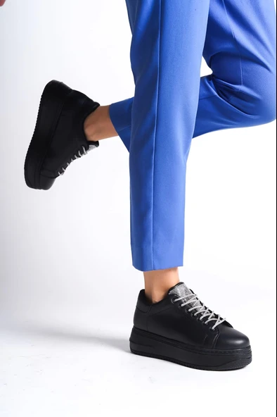 Della Bağcıklı Ortopedik Taban Taşlı Kadın Sneaker Spor Ayakkabı  St - Siyah - 2