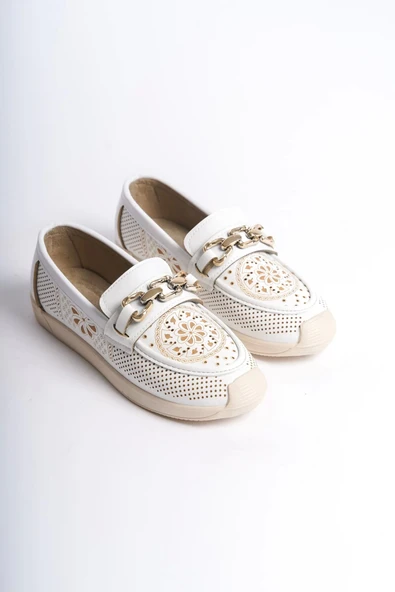 Layla Bağcıksız Ortopedik Rahat Taban Çiçek Desenli Kadın Babet Ayakkabı Kt - Beyaz - 4