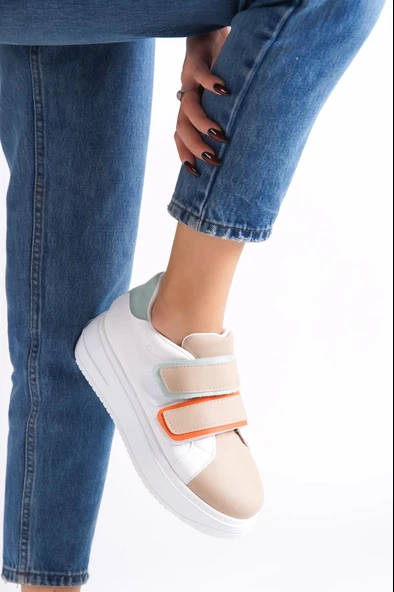Valencıa Bağcıksız Cırt Cırtlı Ortopedik Taban Kadın Sneaker Spor Ayakkabı Bt - Beyaz/ten/mavi - 2