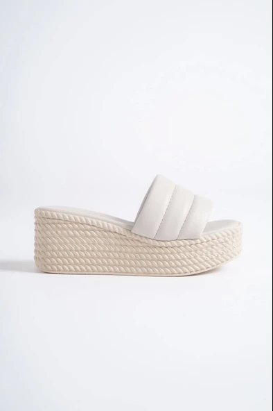 Reına Dolgu Topuklu Ortopedik Taban Hasır Görünümlü Kadın Terlik Kt - Krem - 6