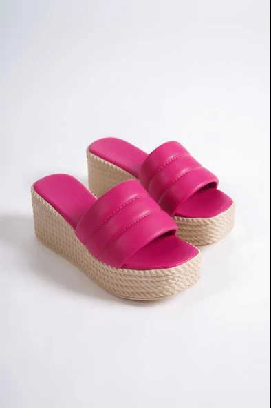 Reına Dolgu Topuklu Ortopedik Taban Hasır Görünümlü Kadın Terlik Kt - Fuşya - 4