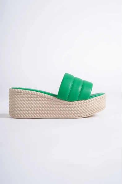 Reına Dolgu Topuklu Ortopedik Taban Hasır Görünümlü Kadın Terlik Kt - Yeşil - 6